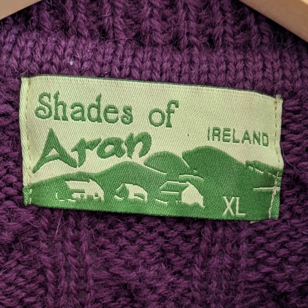 Shades Of Aran Ireland Purple Wool Fisherman Cable Knit Zipper Cardigan Sweater - Picture 2 of 13